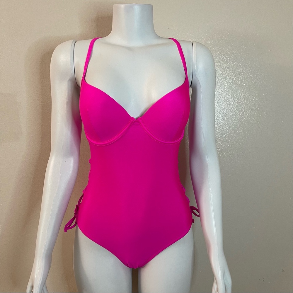 Summer hot pink one piece cutout swimsuit